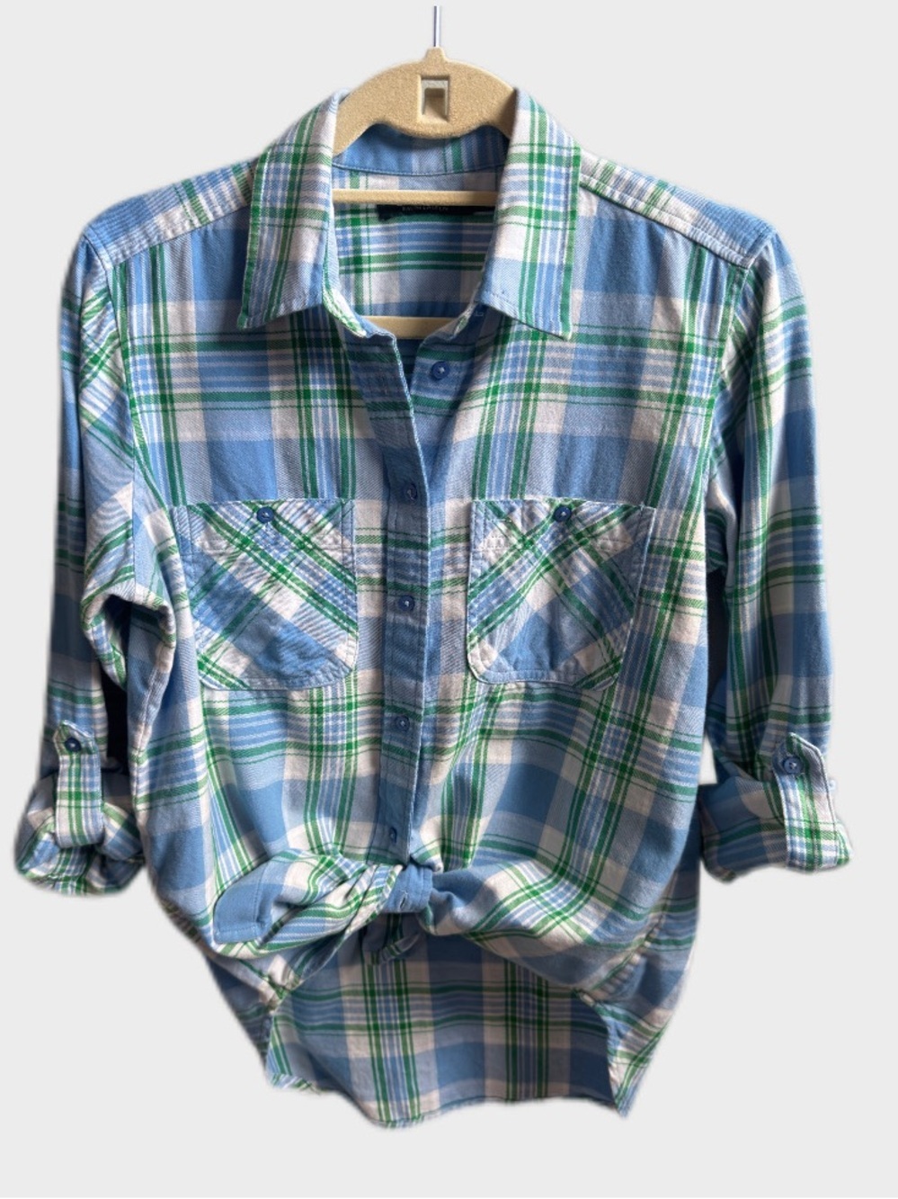 Lauren Ralph Lauren Plaid Roll-Tab Sleeve Button Down Shirt Size M Blue Green